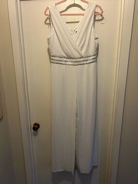 R&M Richards White Wide Leg Jumpsuit with Embellished Waist